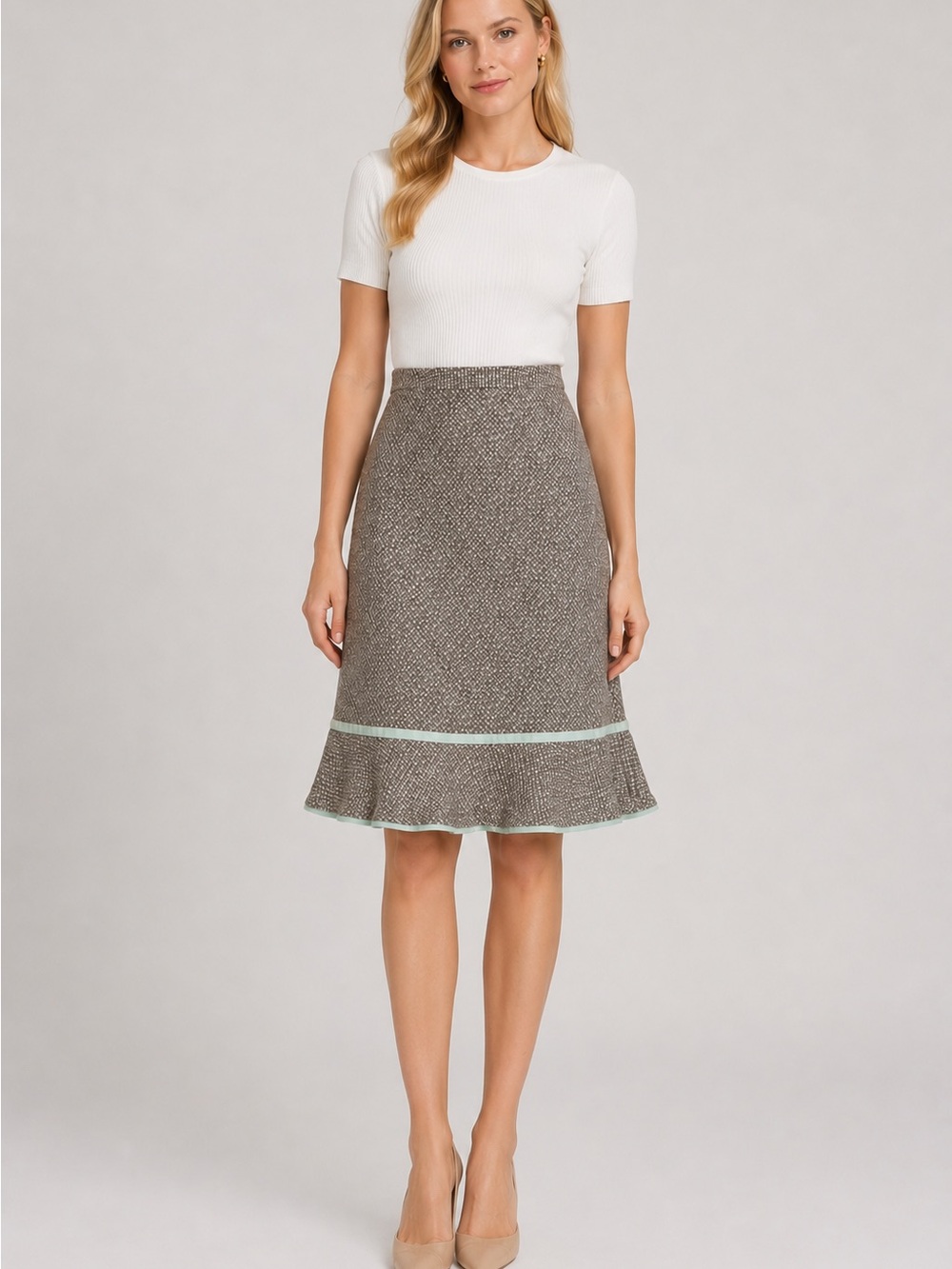 Gap Gray Green Tweed Wool Pencil Skirt Flounce Hem Knee Length Career Women 1